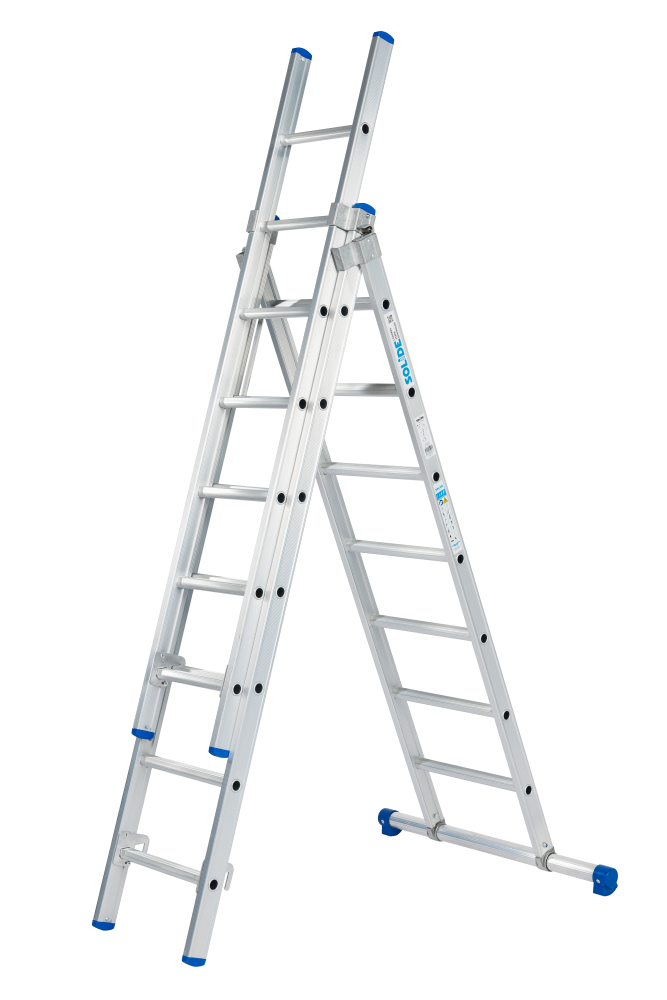 Echelle coulissante / 3 x 7 échelons, pieds droits, transformableavec stabilisateur STAB390