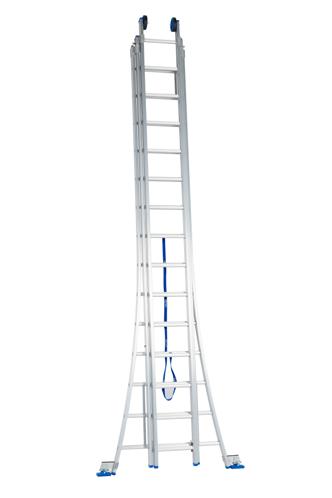 Echelle coulissante / 3 x 14, pieds évasés, transformable, pieds d'évasement, roulettes de façade